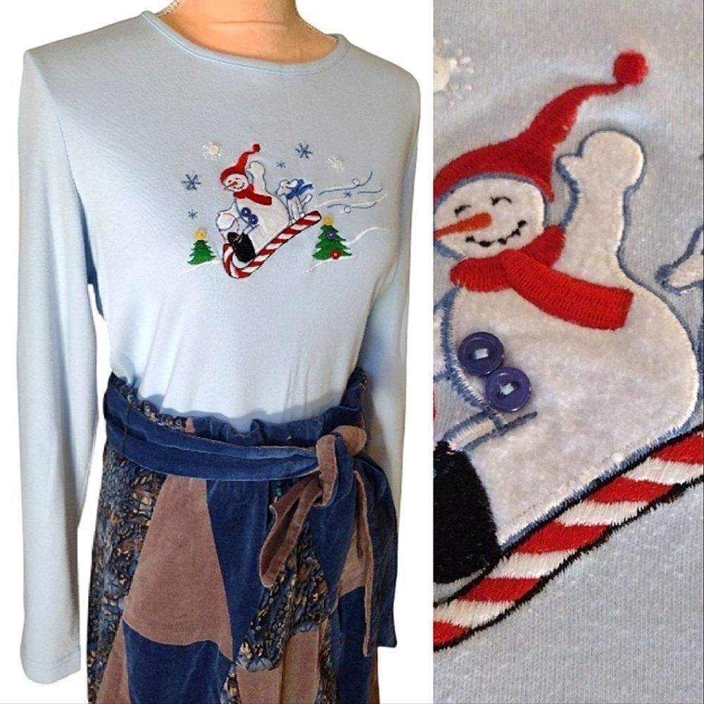 VTG Blue Christmas Snowman Winter Embroidered Long‎ Sleeve Top Medium
